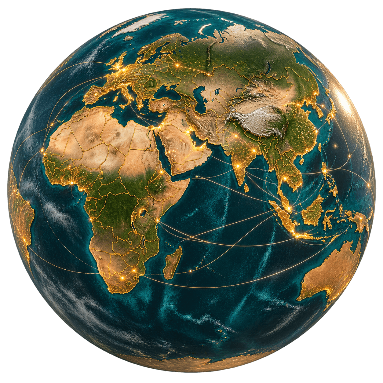 Three-dimensional globe showing international travel routes
