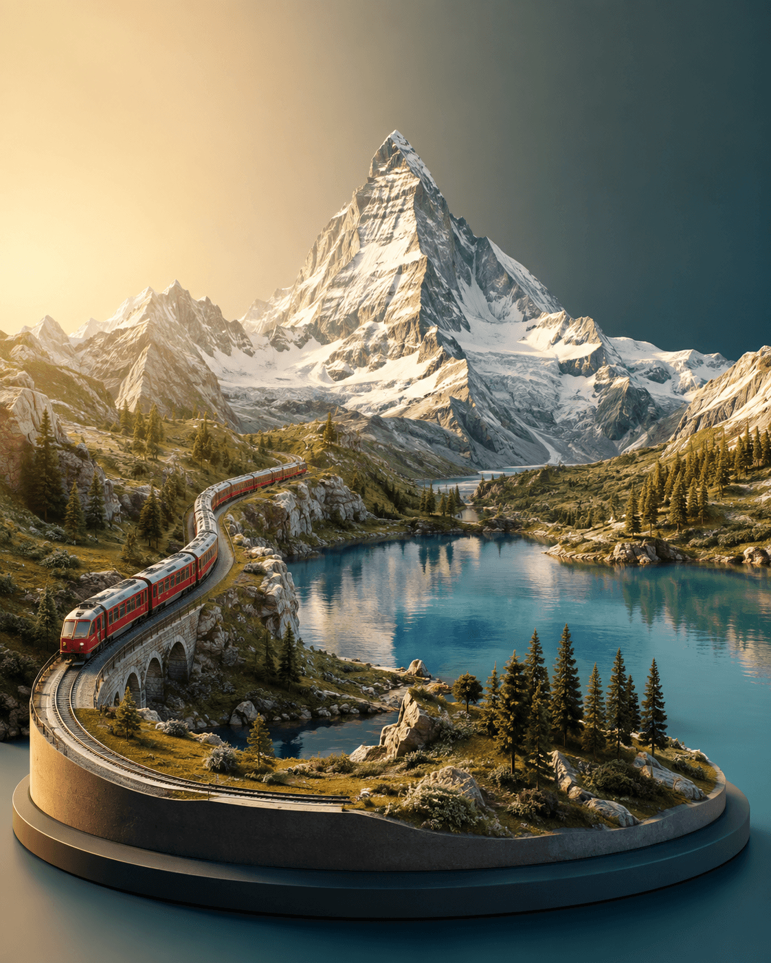 Three-dimensional Swiss alpine holiday scene